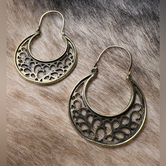 Indonesian Solid Brass Disc Hoops - Picture 3 of 8